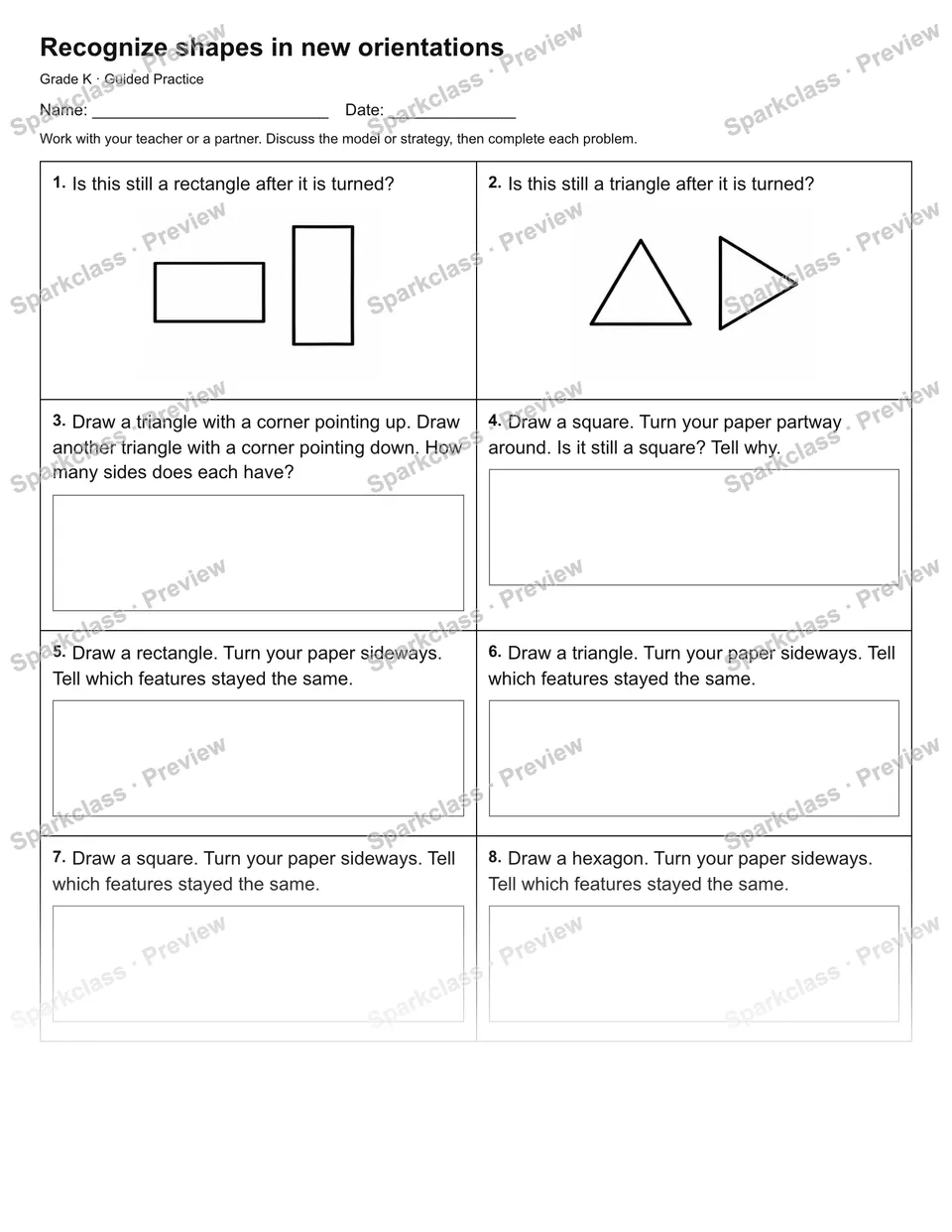 Recognize shapes in new orientations — Guided Practice — Kindergarten worksheet preview