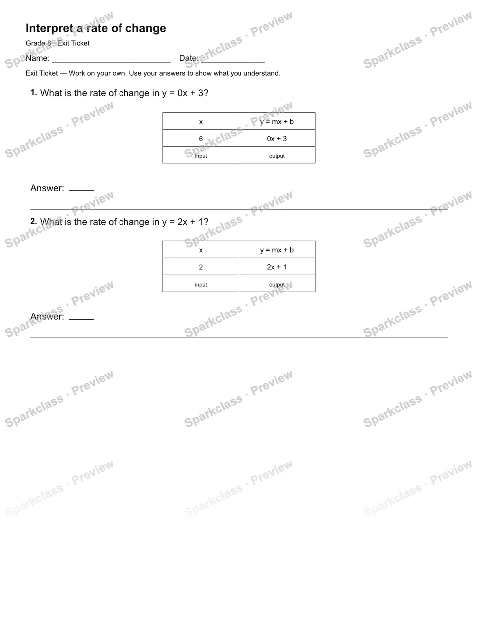 Interpret a rate of change — Exit Ticket — Grade 8 worksheet preview