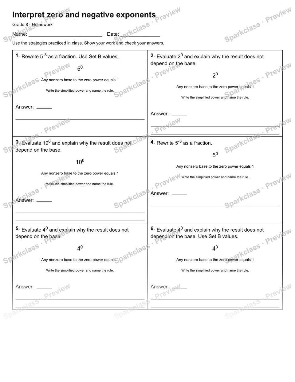 Interpret zero and negative exponents — Homework — Grade 8 worksheet preview