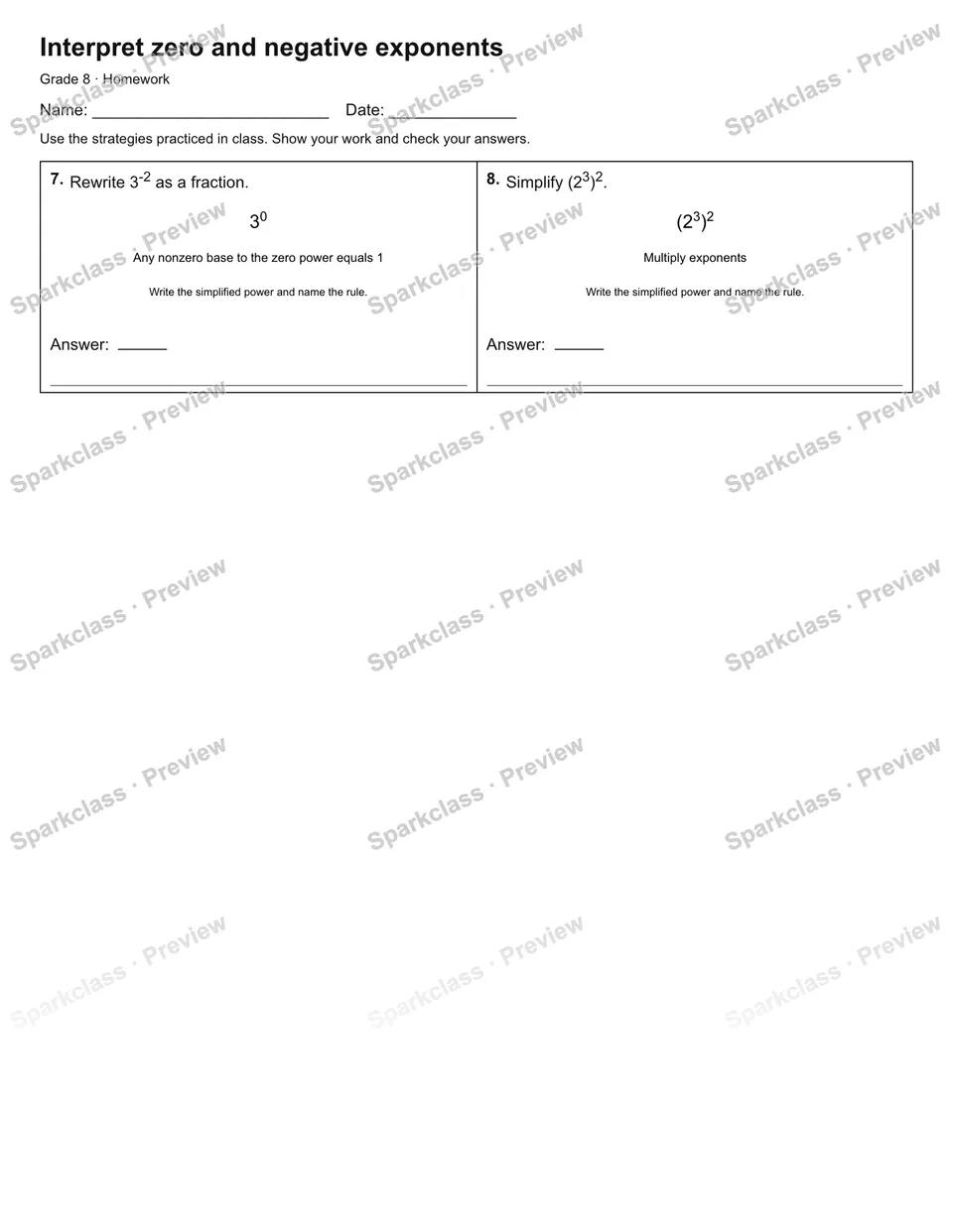 Interpret zero and negative exponents — Homework — page 2