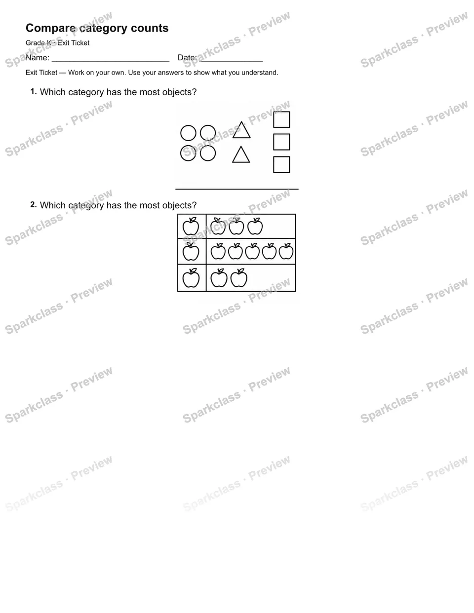 Compare category counts — Exit Ticket — Kindergarten worksheet preview