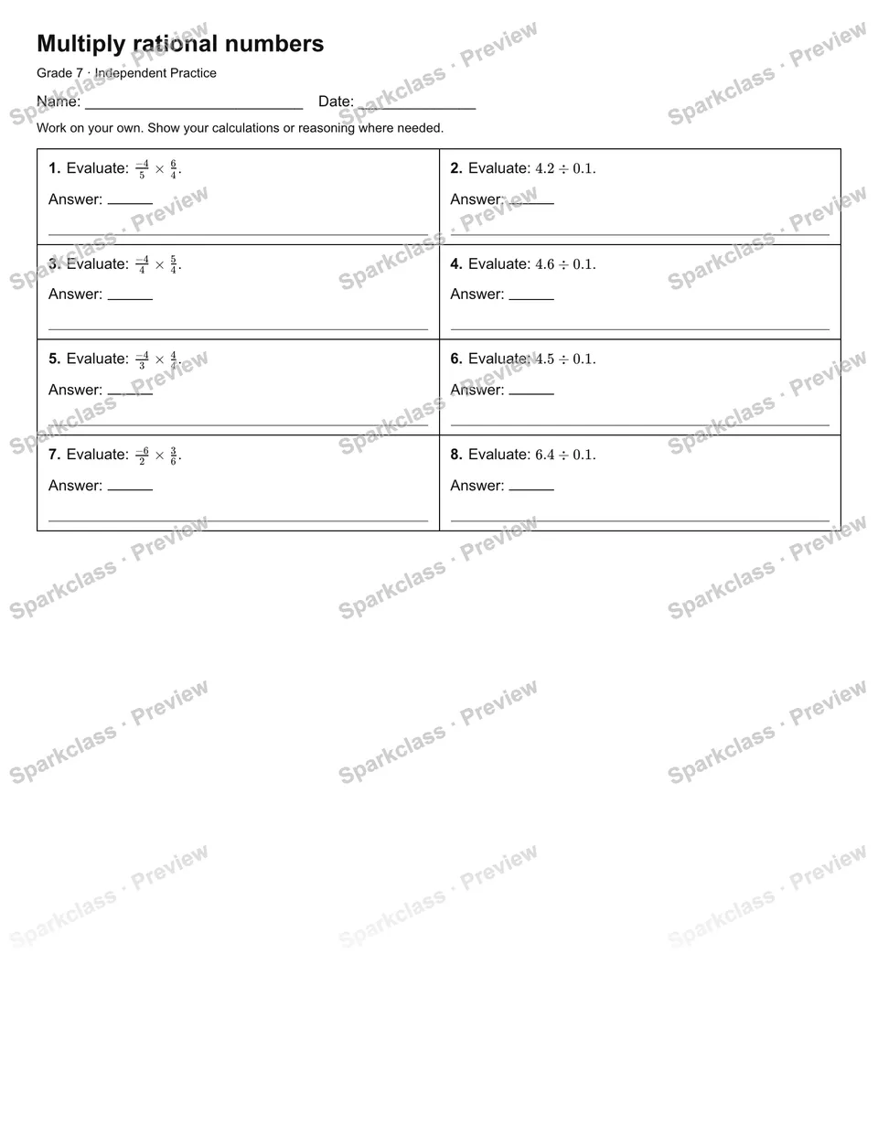 Multiply rational numbers — Independent Practice — Grade 7 worksheet preview