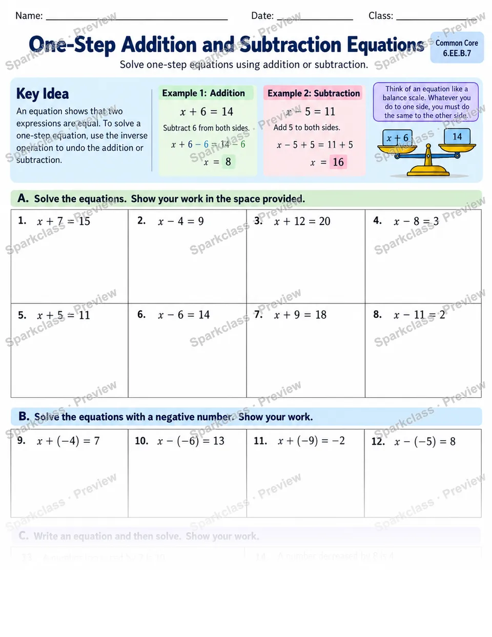 One Step Add Subtract — Grade 6 worksheet preview