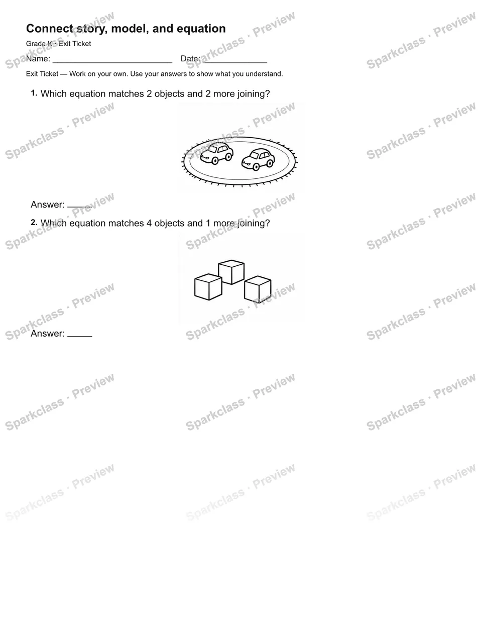 Connect story, model, and equation — Exit Ticket — Kindergarten worksheet preview