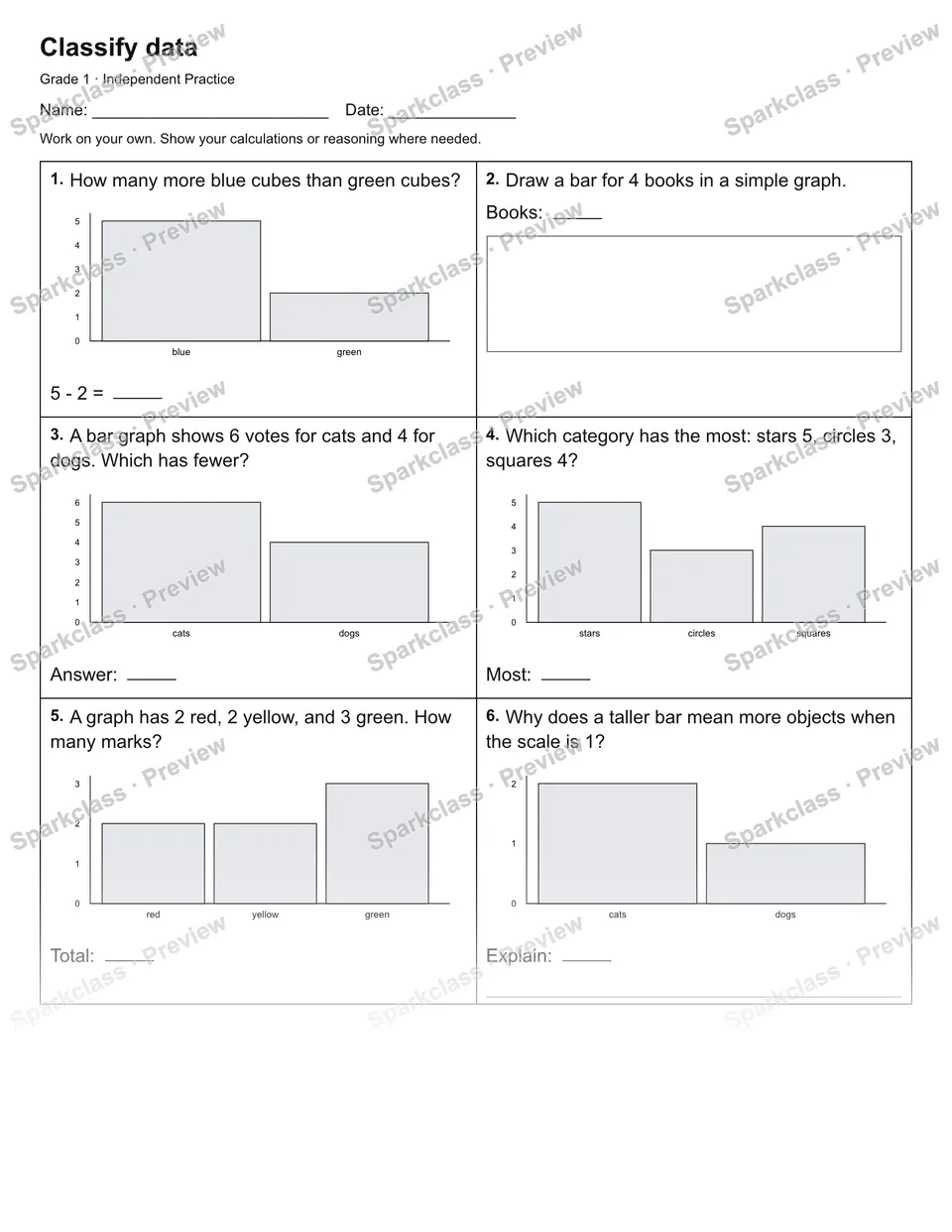 Classify data — Independent Practice — Grade 1 worksheet preview
