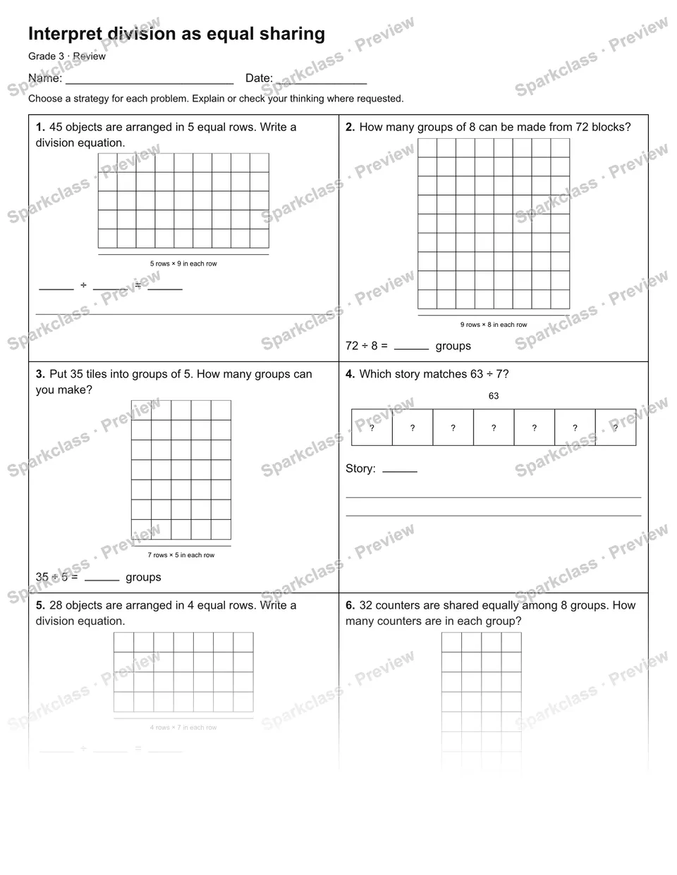 Interpret division as equal sharing — Review — Grade 3 worksheet preview
