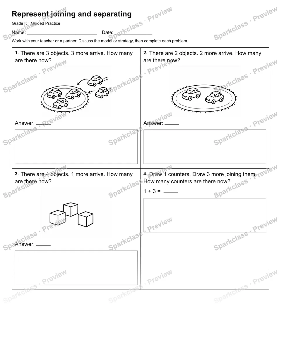 Represent joining and separating — Guided Practice — Kindergarten worksheet preview