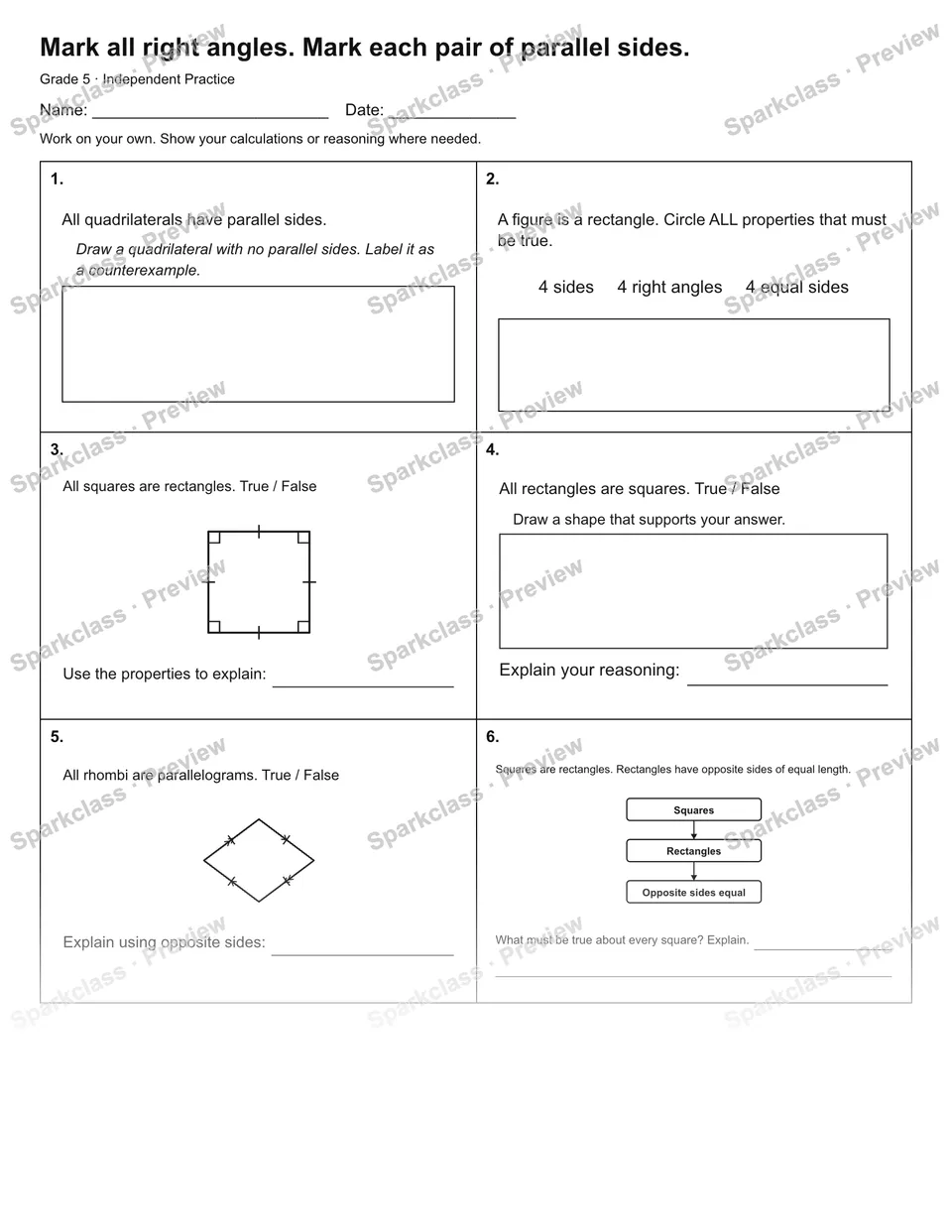 Mark all right angles. Mark each pair of parallel sides. — Independent Practice — Grade 5 worksheet preview