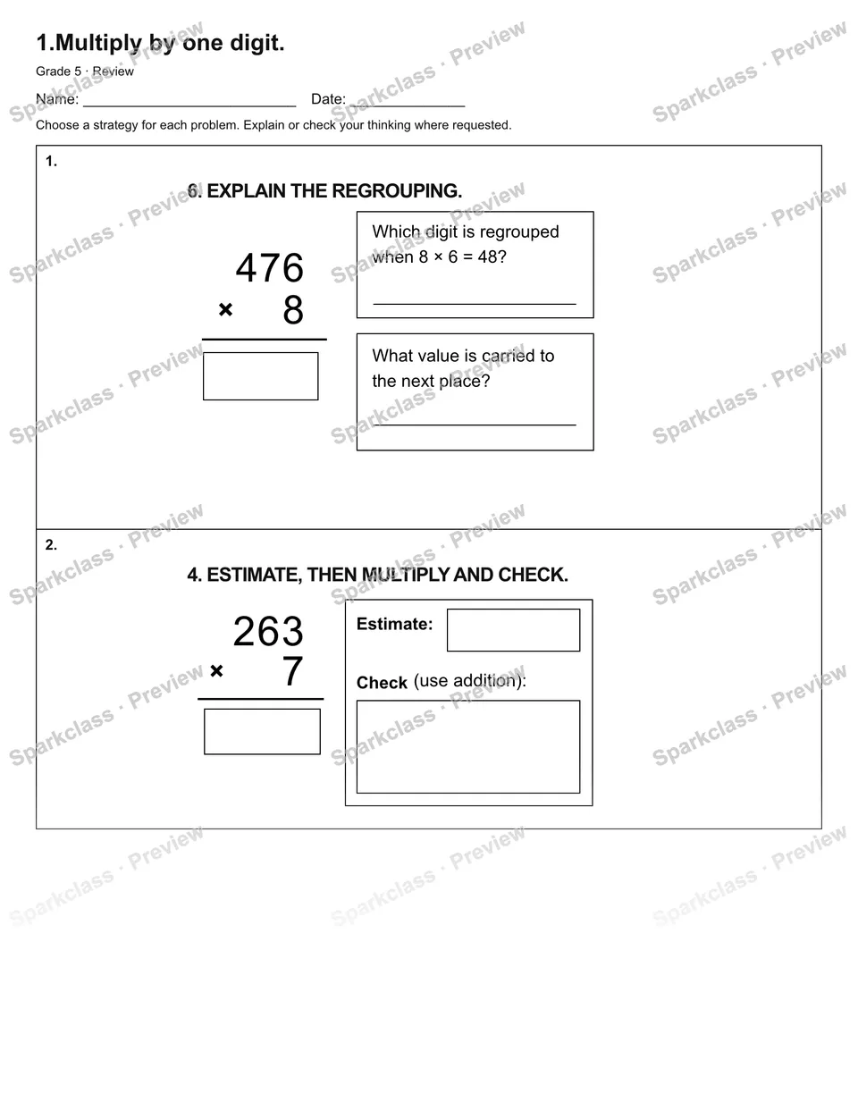 1.Multiply by one digit. — Review — Grade 5 worksheet preview