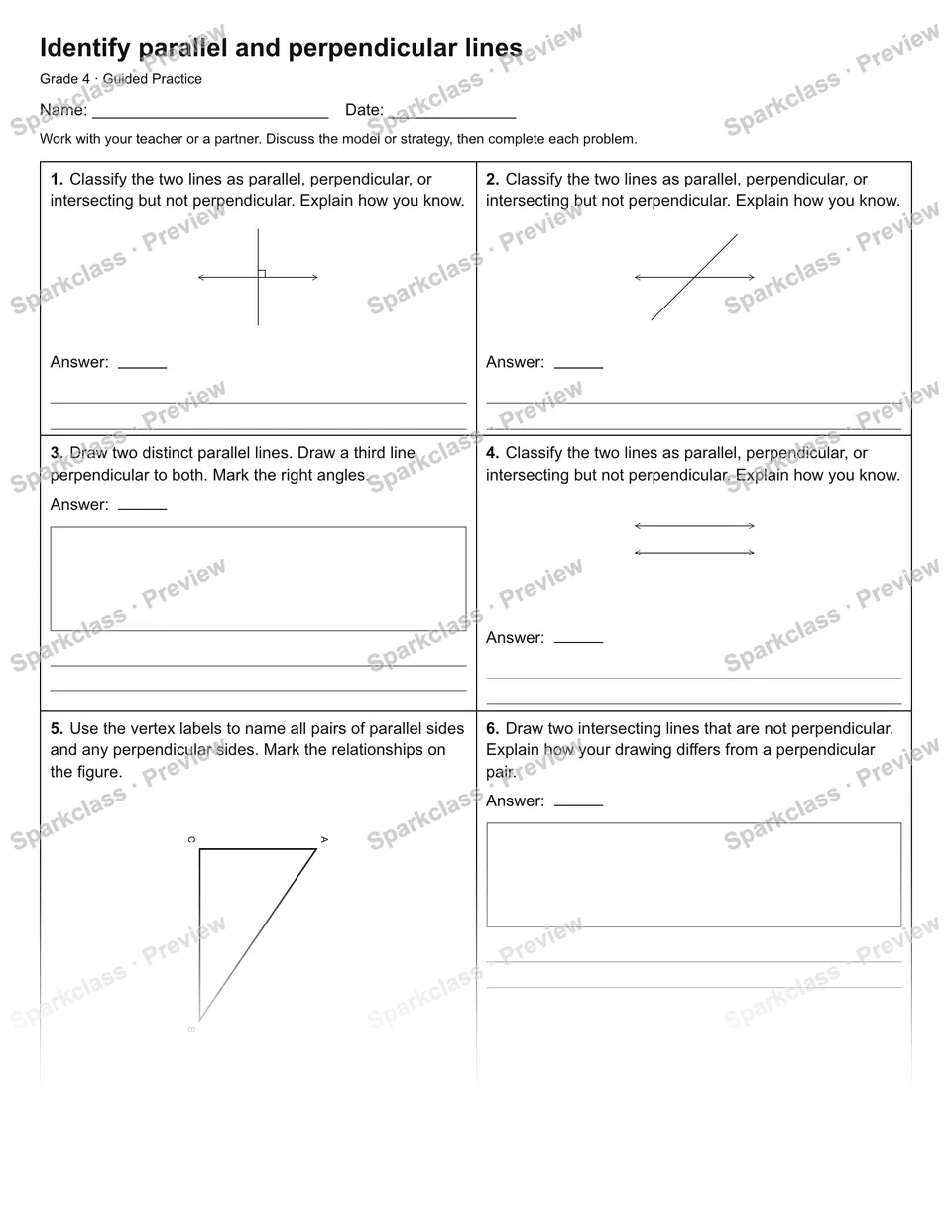 Identify parallel and perpendicular lines — Guided Practice — Grade 4 worksheet preview