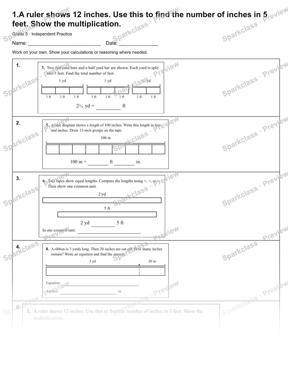 1.A ruler shows 12 inches. Use this to find the number of inches in 5 feet. Show the multiplication. — Independent Practice — Grade 5 worksheet preview
