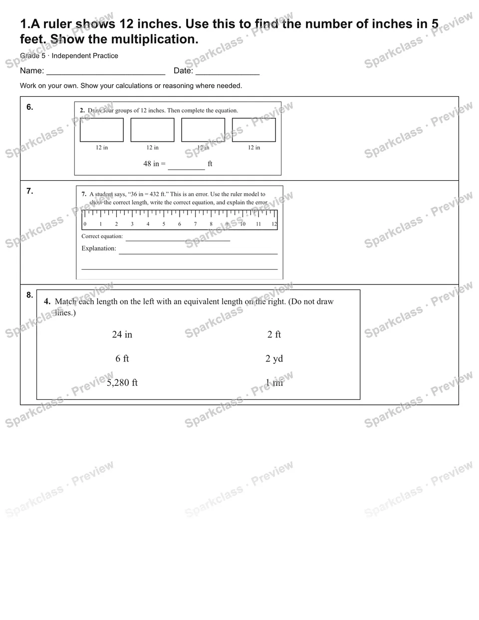 1.A ruler shows 12 inches. Use this to find the number of inches in 5 feet. Show the multiplication. — Independent Practice — page 2