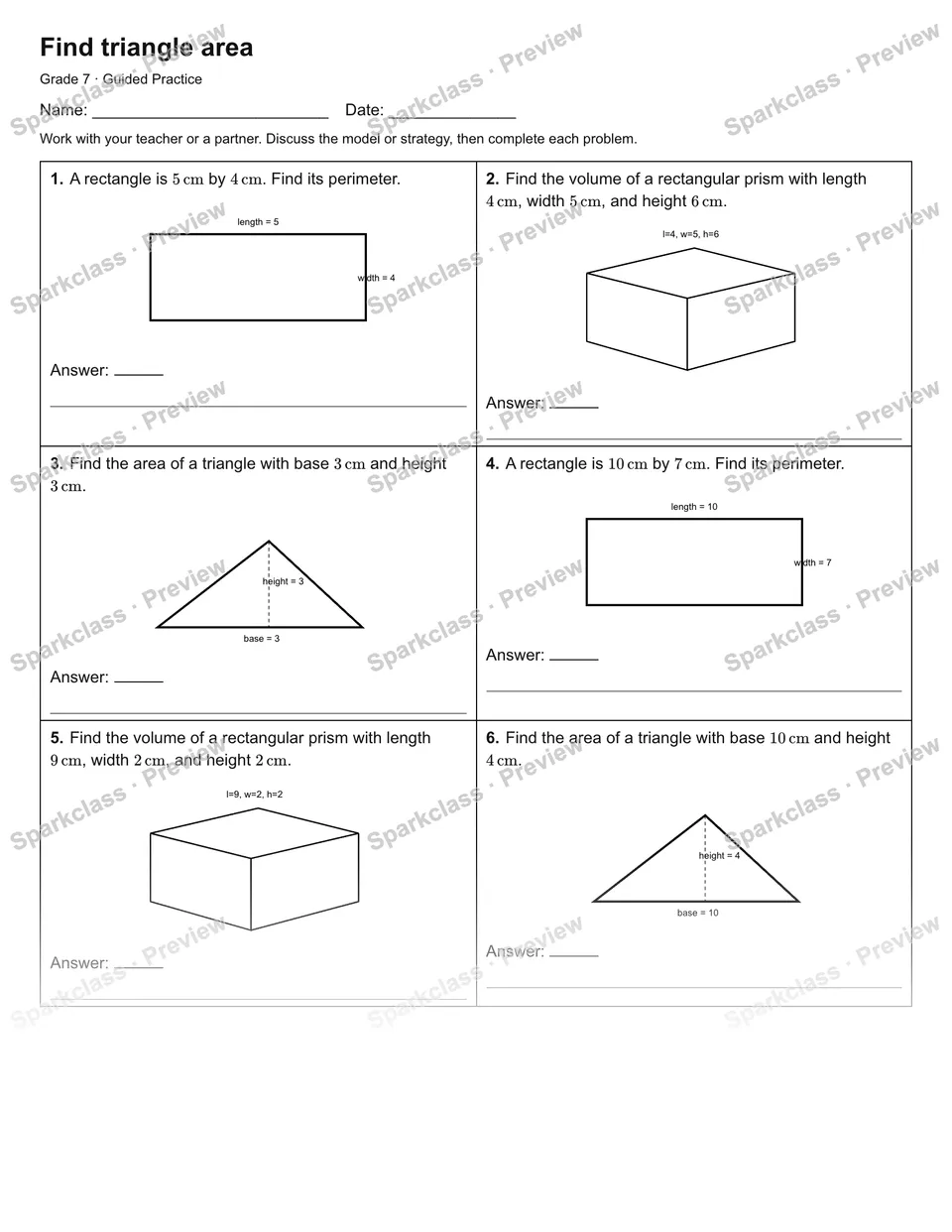 Find triangle area — Guided Practice — Grade 7 worksheet preview