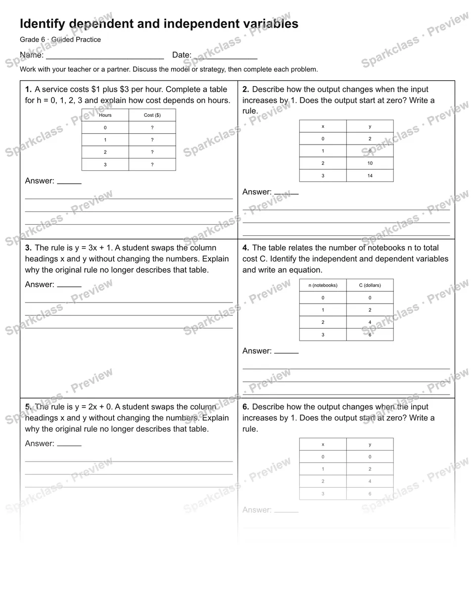 Identify dependent and independent variables — Guided Practice — Grade 6 worksheet preview