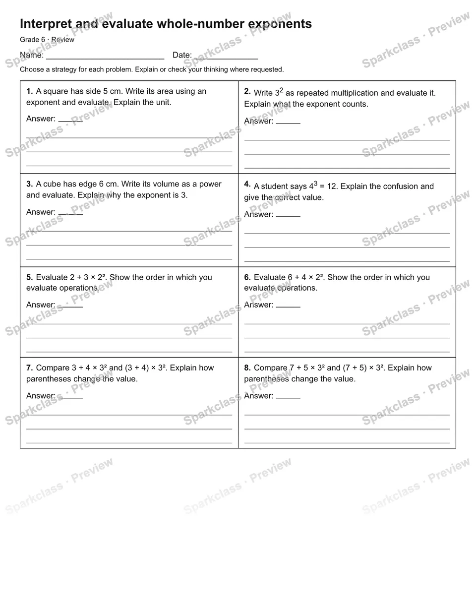 Interpret and evaluate whole-number exponents — Review — Grade 6 worksheet preview