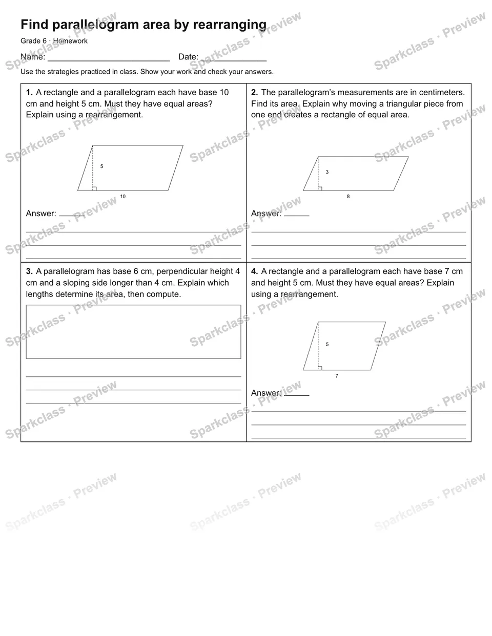 Find parallelogram area by rearranging — Homework — Grade 6 worksheet preview