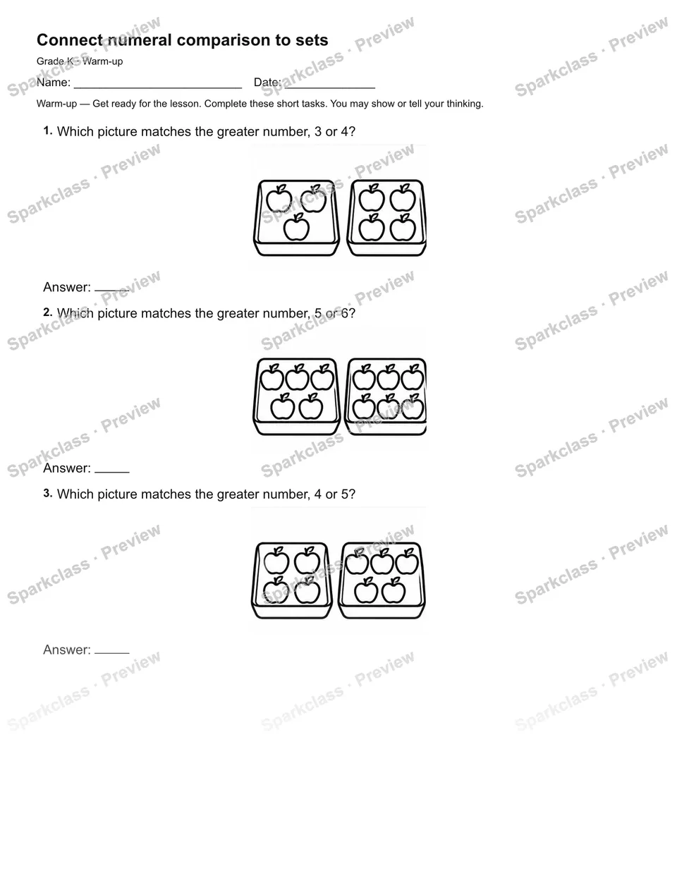 Connect numeral comparison to sets — Warm-up — page 2