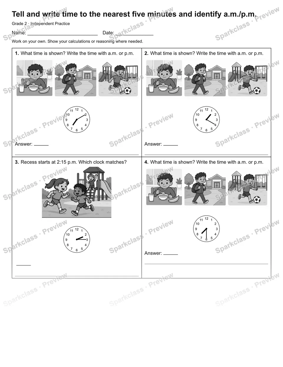 Tell and write time to the nearest five minutes and identify a.m./p.m. — Independent Practice — Grade 2 worksheet preview