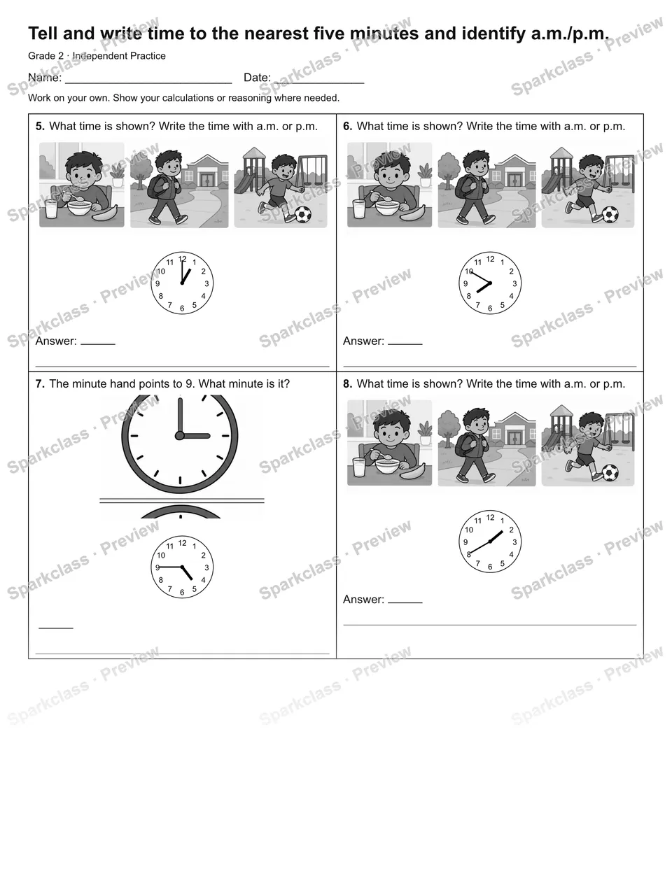 Tell and write time to the nearest five minutes and identify a.m./p.m. — Independent Practice — page 2