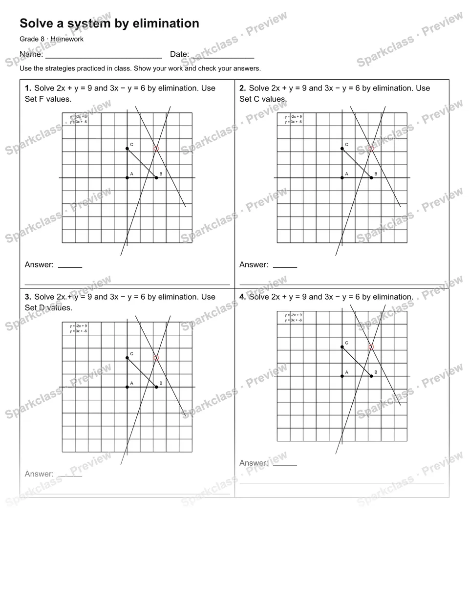 Solve a system by elimination — Homework — Grade 8 worksheet preview