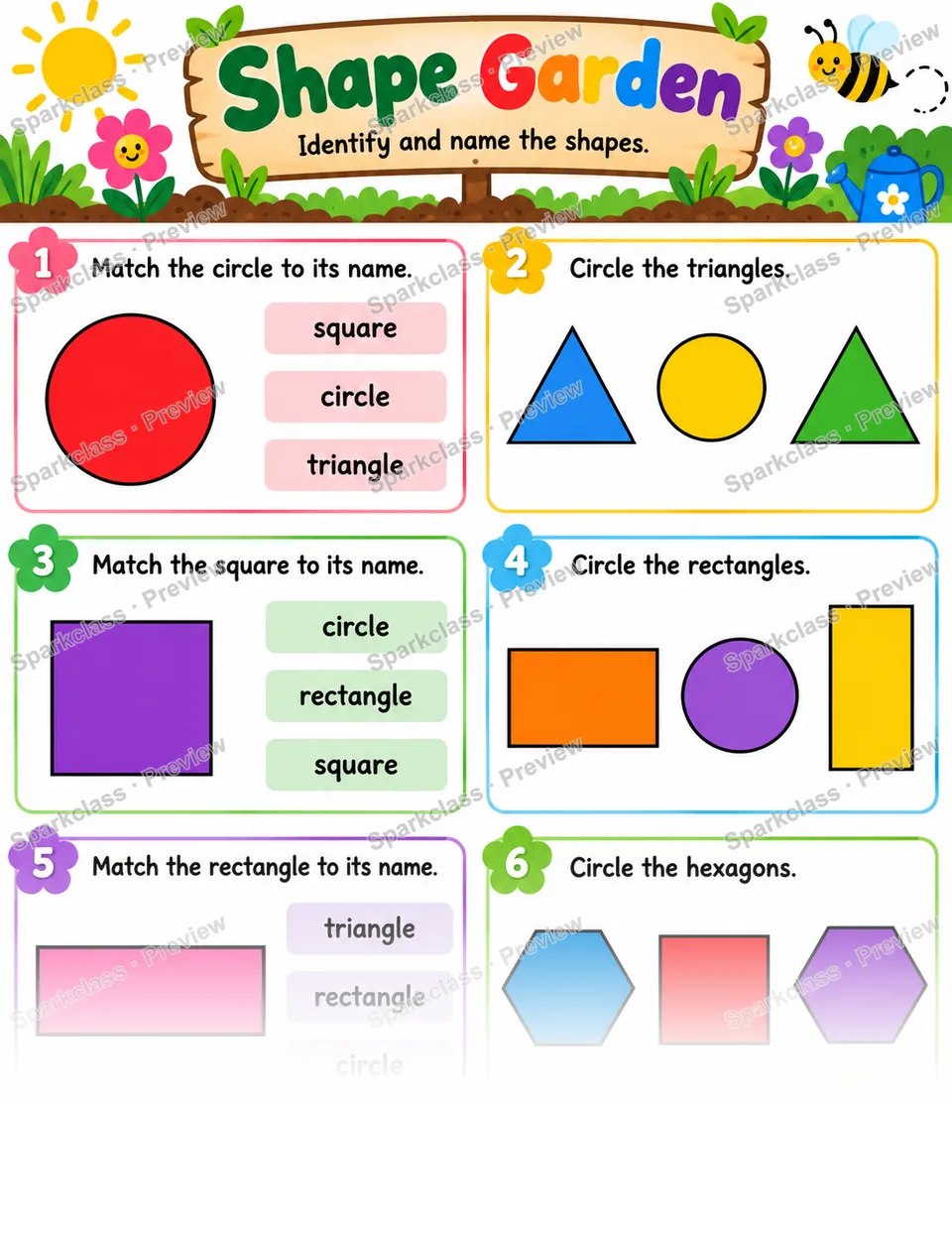 Basic Shape Garden · 2D Shapes — Kindergarten worksheet preview