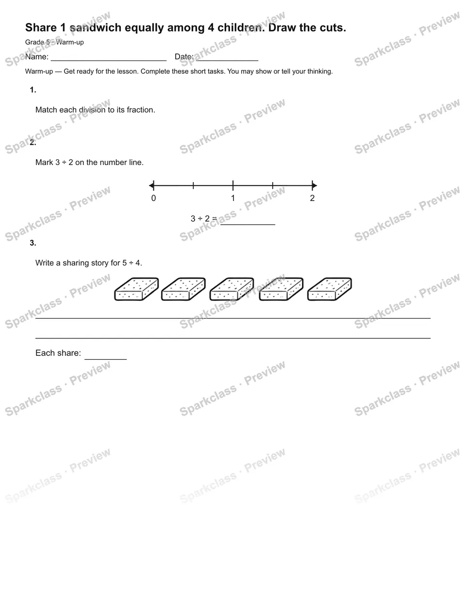 Share 1 sandwich equally among 4 children. Draw the cuts. — Warm-up — Grade 5 worksheet preview