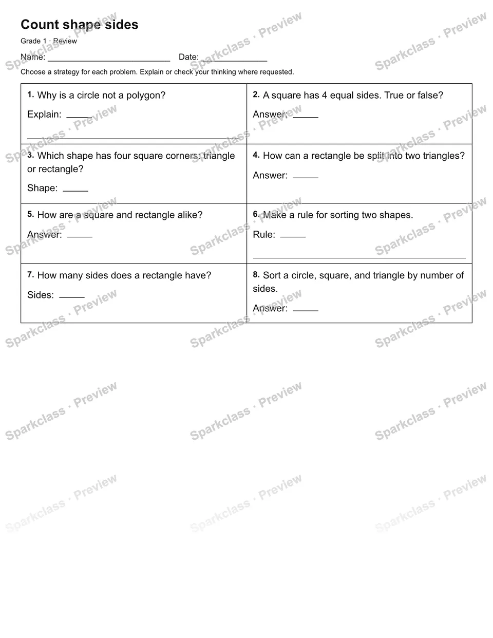 Count shape sides — Review — Grade 1 worksheet preview