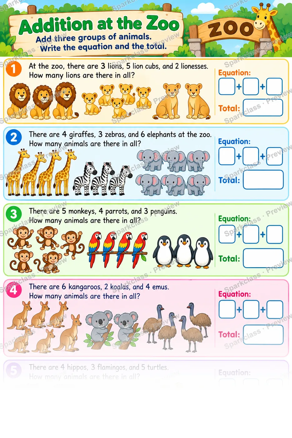 Zoo Three Addends — Grade 1 worksheet preview
