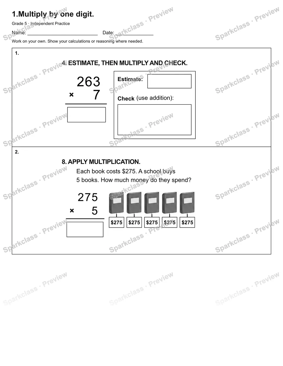 1.Multiply by one digit. — Independent Practice — Grade 5 worksheet preview