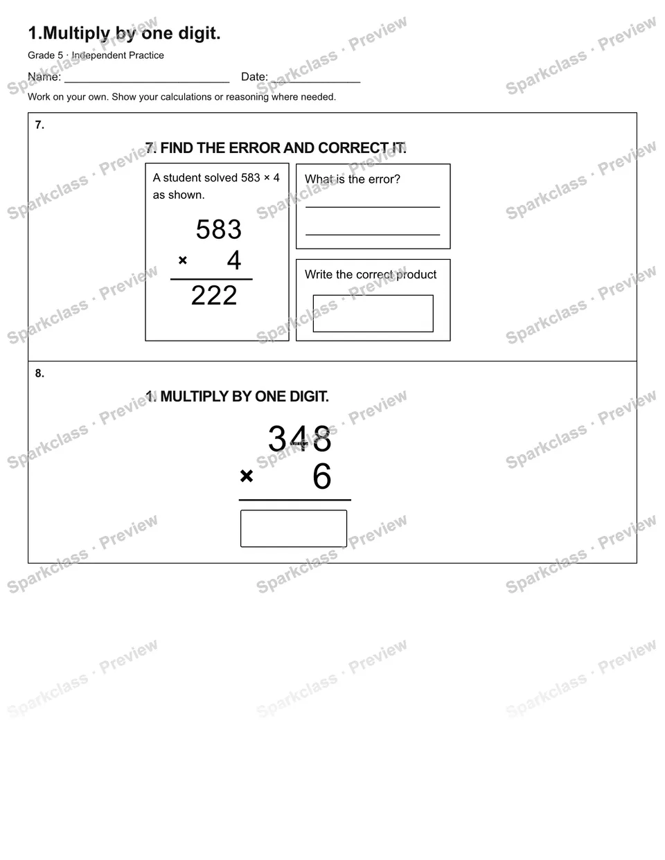 1.Multiply by one digit. — Independent Practice — page 4