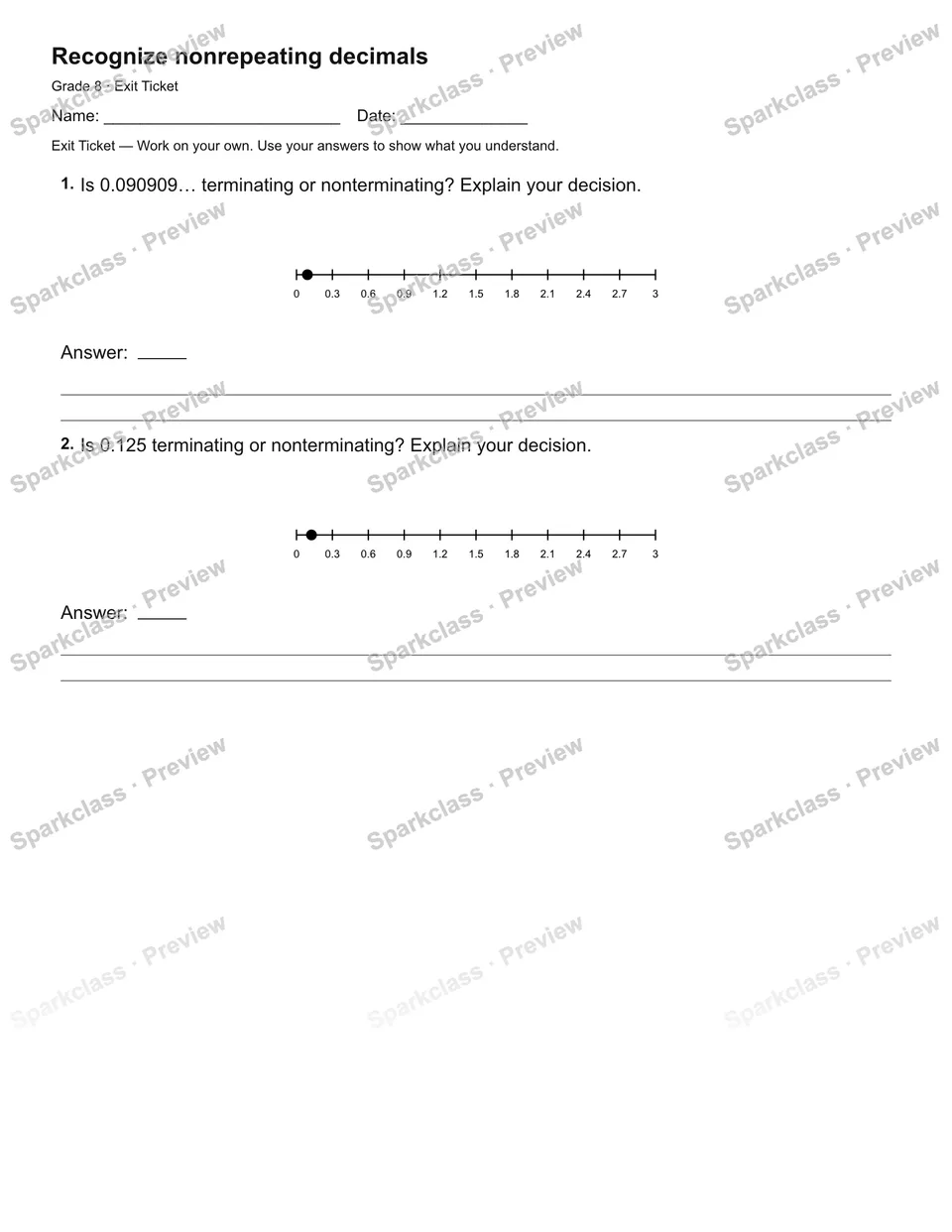 Recognize nonrepeating decimals — Exit Ticket — Grade 8 worksheet preview