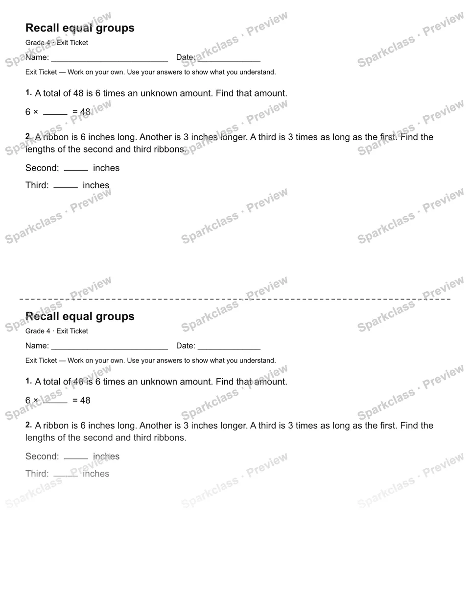 Recall equal groups — Exit Ticket — Grade 4 worksheet preview