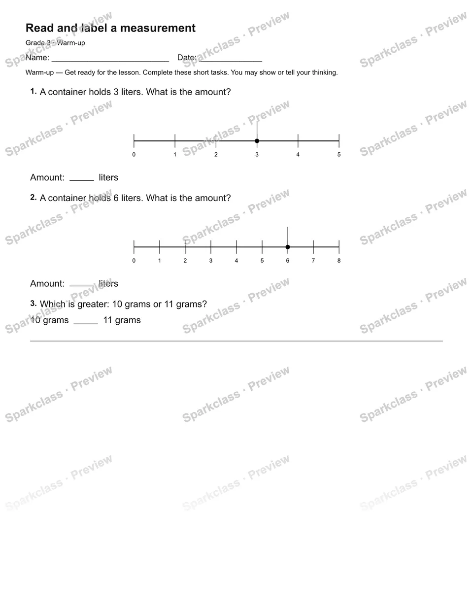 Read and label a measurement — Warm-up — Grade 3 worksheet preview