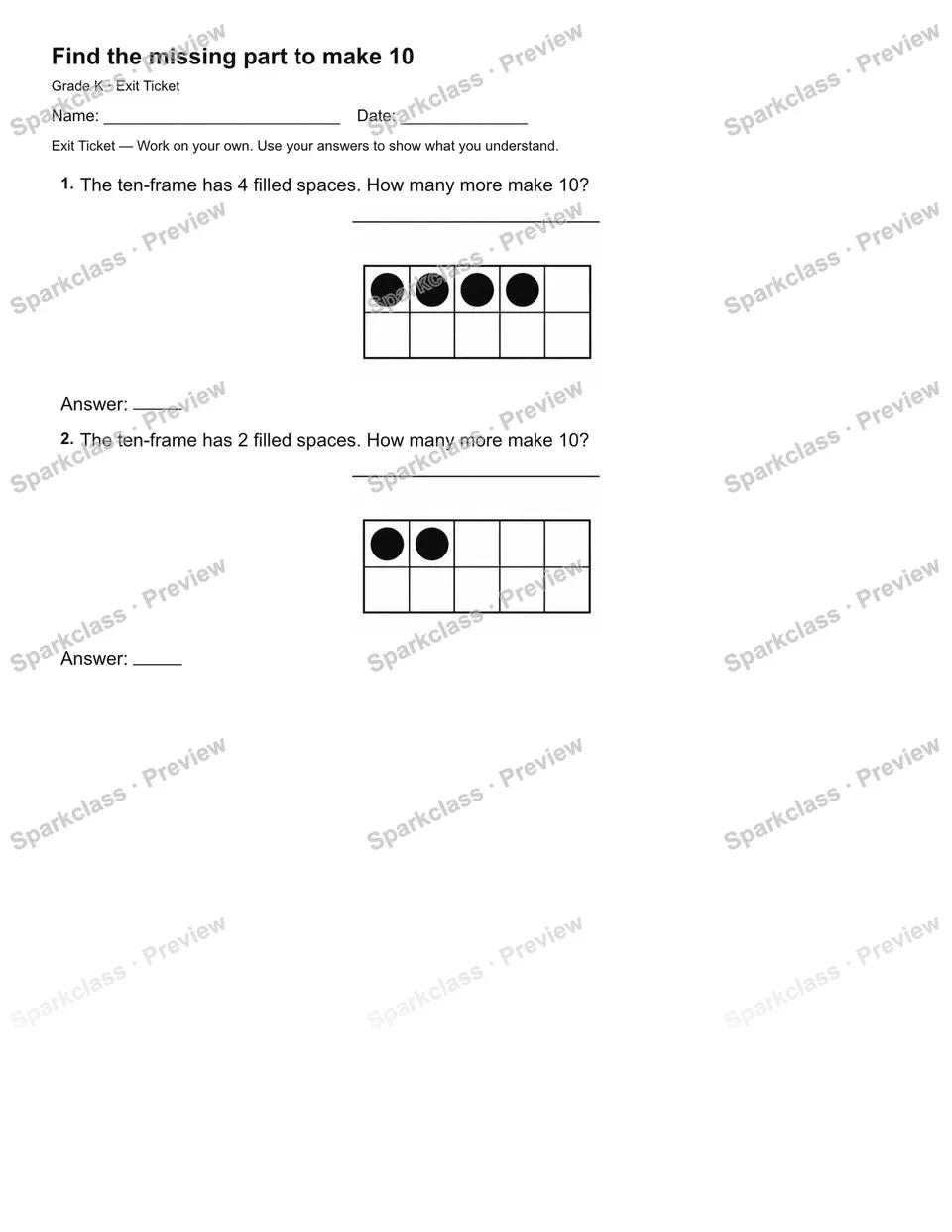 Find the missing part to make 10 — Exit Ticket — Kindergarten worksheet preview