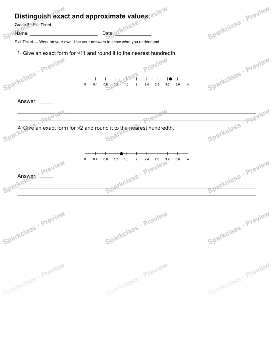 Distinguish exact and approximate values — Exit Ticket — Grade 8 worksheet preview