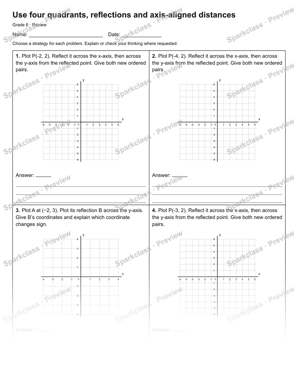 Use four quadrants, reflections and axis-aligned distances — Review — Grade 6 worksheet preview
