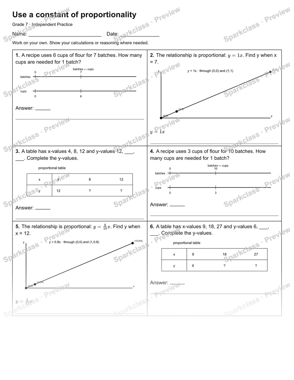 Use a constant of proportionality — Independent Practice — Grade 7 worksheet preview