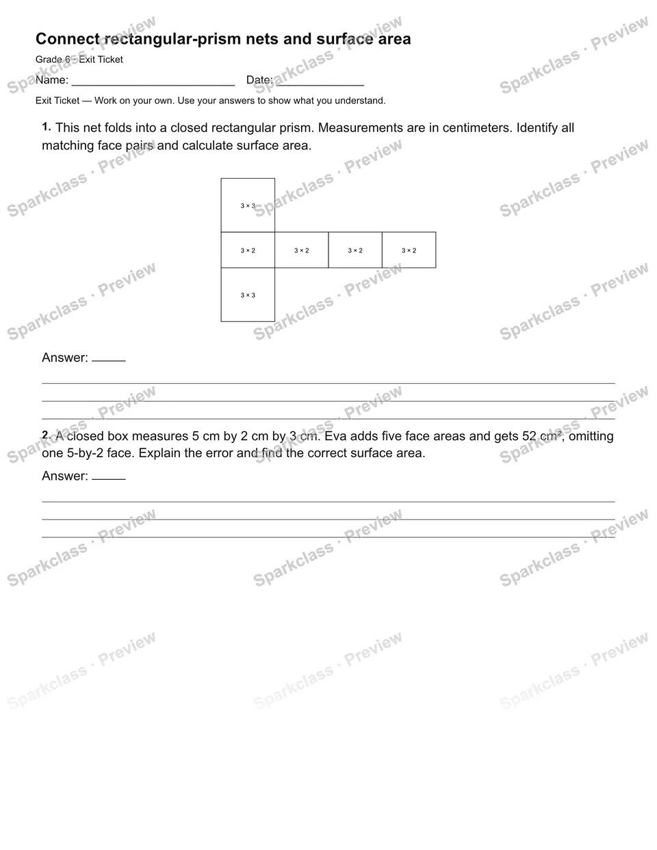 Connect rectangular-prism nets and surface area — Exit Ticket — Grade 6 worksheet preview