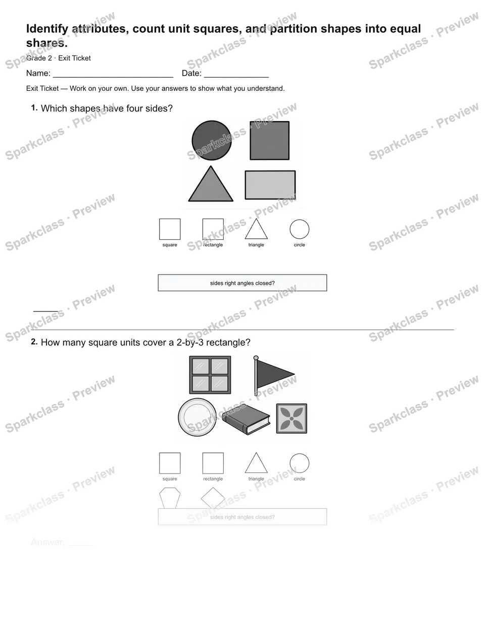 Identify attributes, count unit squares, and partition shapes into equal shares. — Exit Ticket — page 2