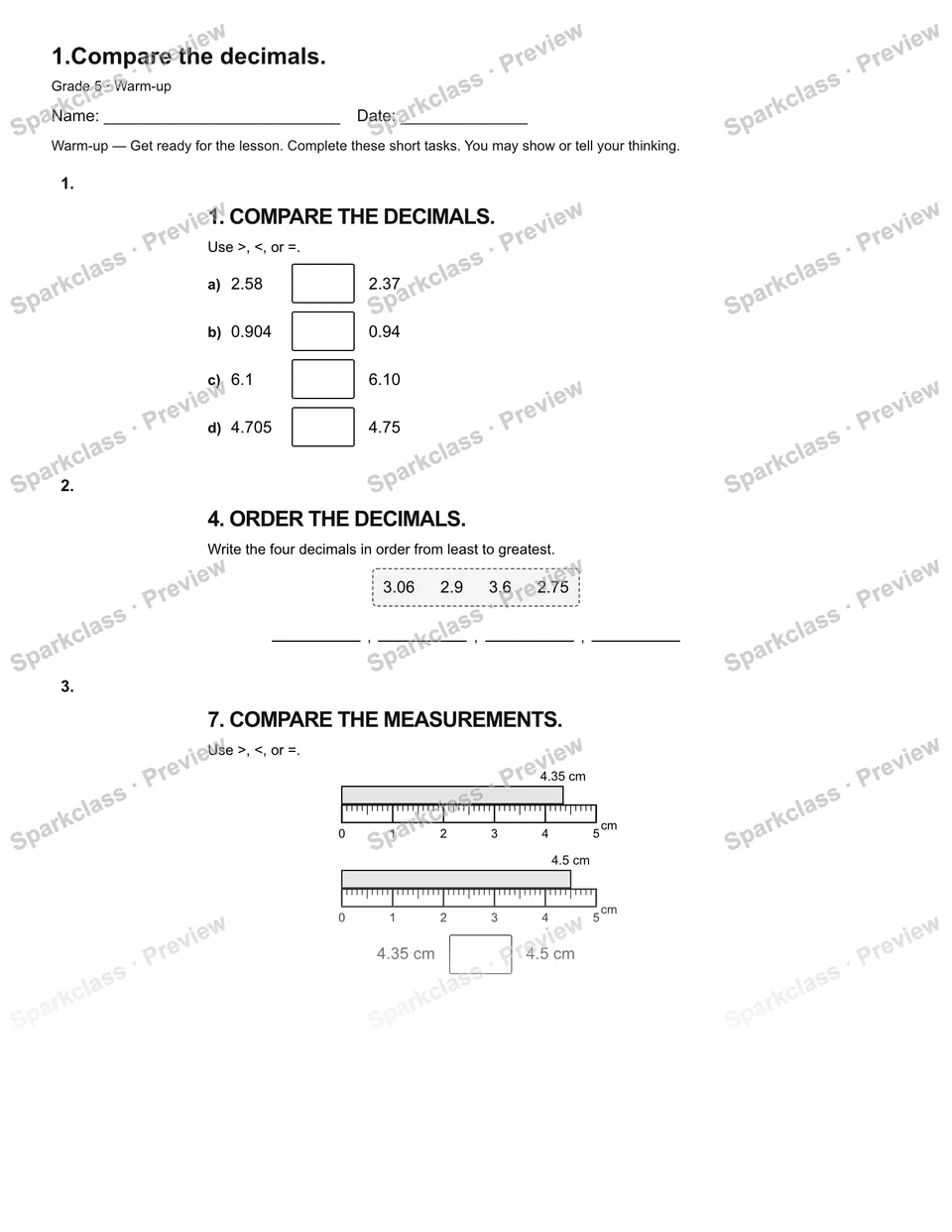 1.Compare the decimals. — Warm-up — Grade 5 worksheet preview
