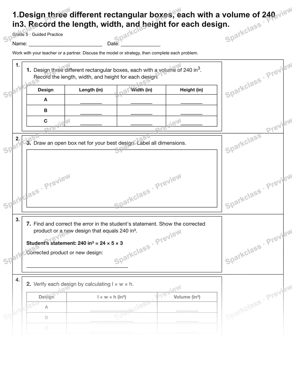 1.Design three different rectangular boxes, each with a volume of 240 in3. Record the length, width, and height for each design. — Guided Practice — Grade 5 worksheet preview
