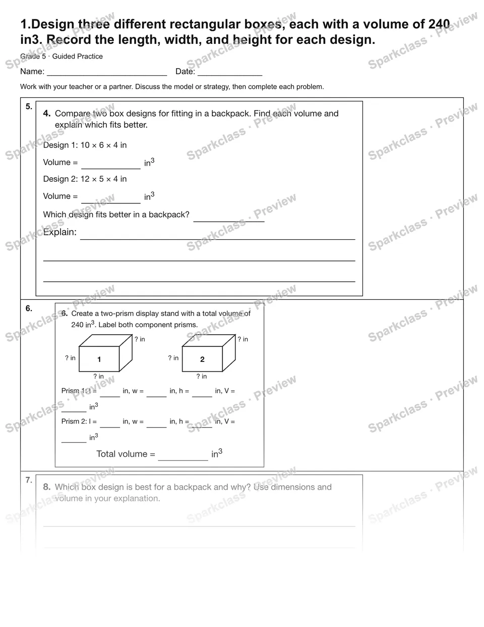 1.Design three different rectangular boxes, each with a volume of 240 in3. Record the length, width, and height for each design. — Guided Practice — page 2