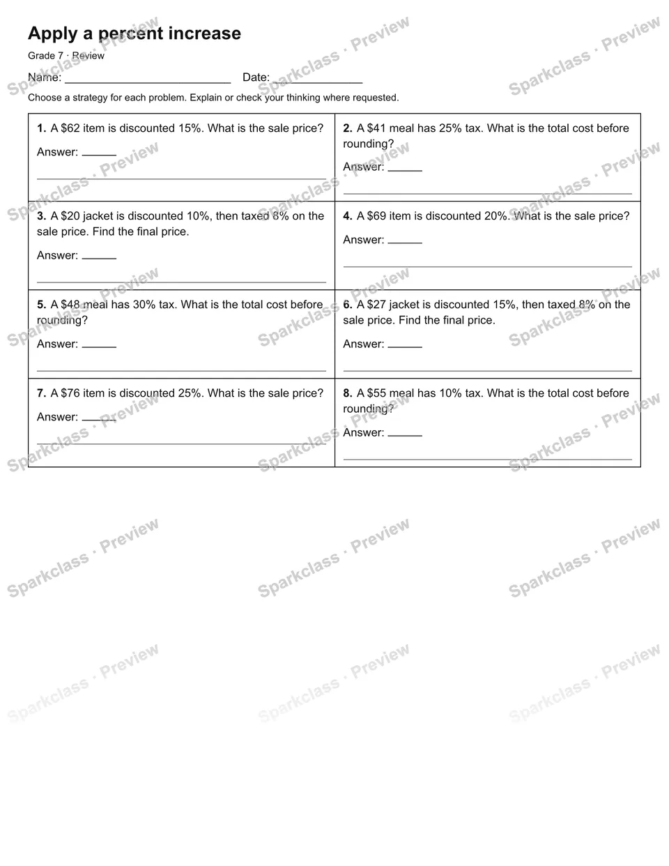 Apply a percent increase — Review — Grade 7 worksheet preview