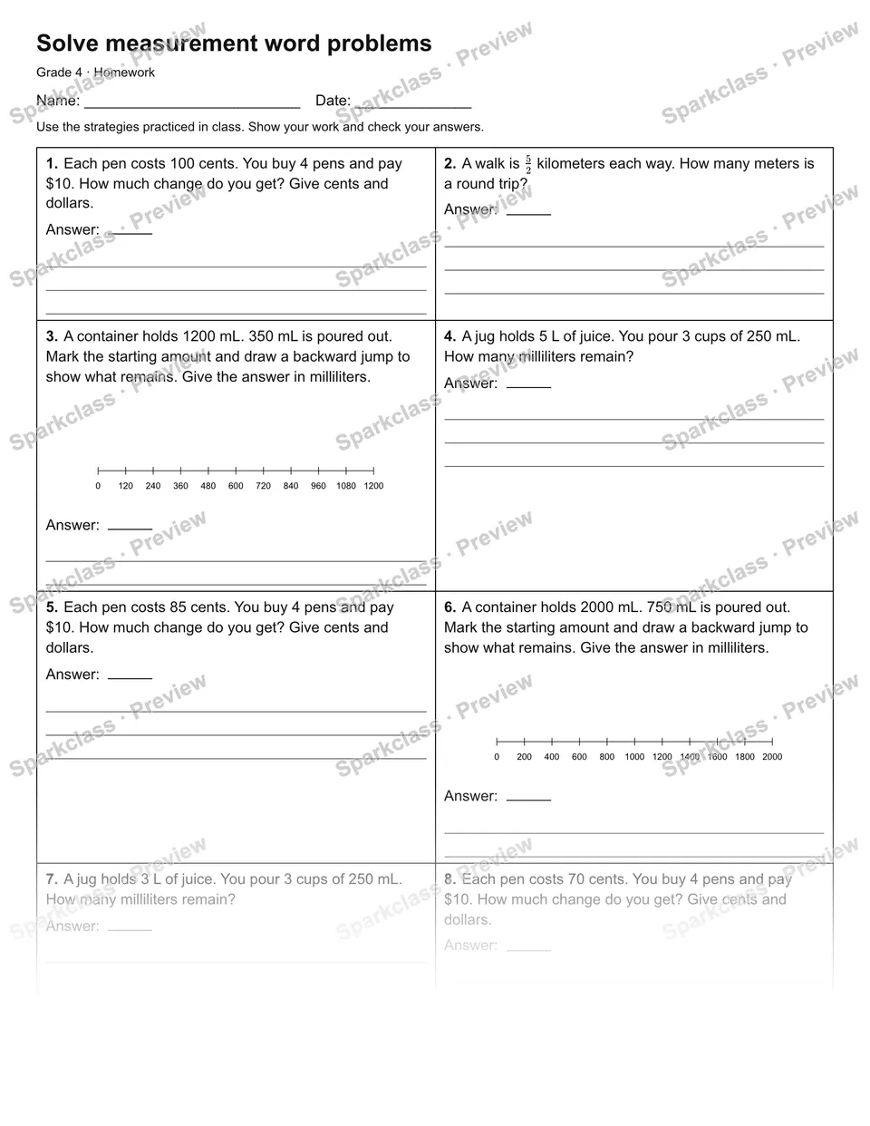 Solve measurement word problems — Homework — Grade 4 worksheet preview