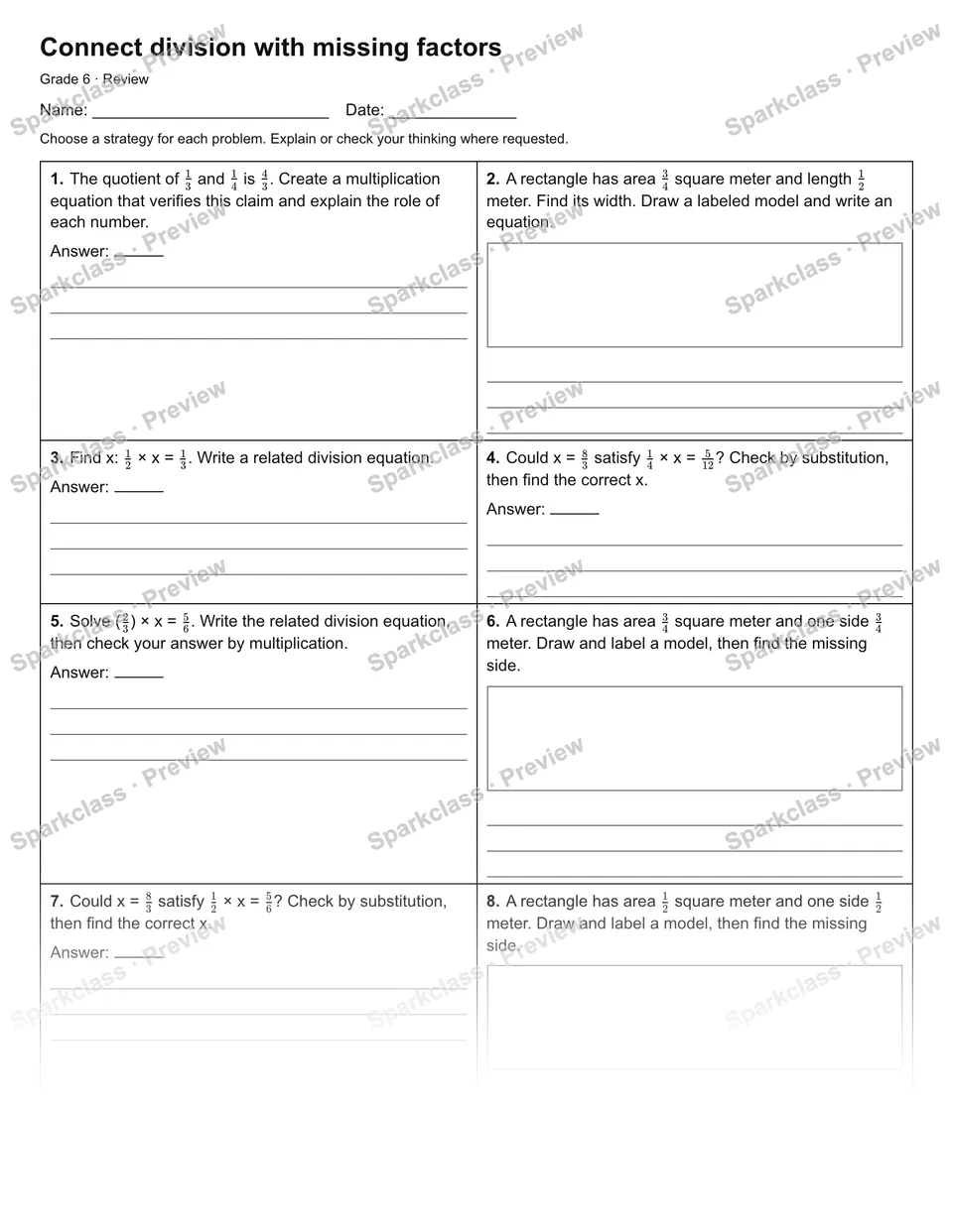 Connect division with missing factors — Review — Grade 6 worksheet preview