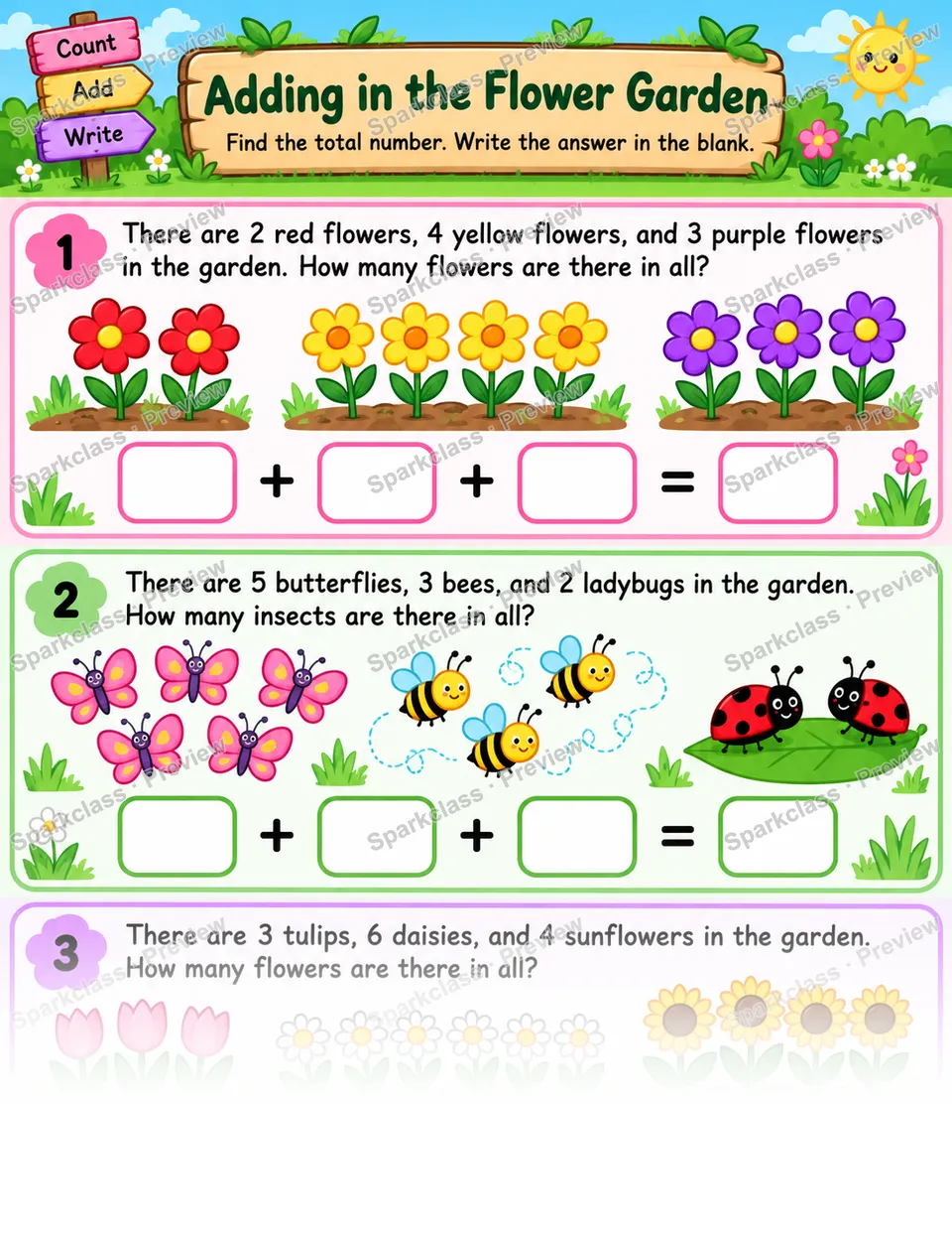 Garden Three Addends — Grade 1 worksheet preview