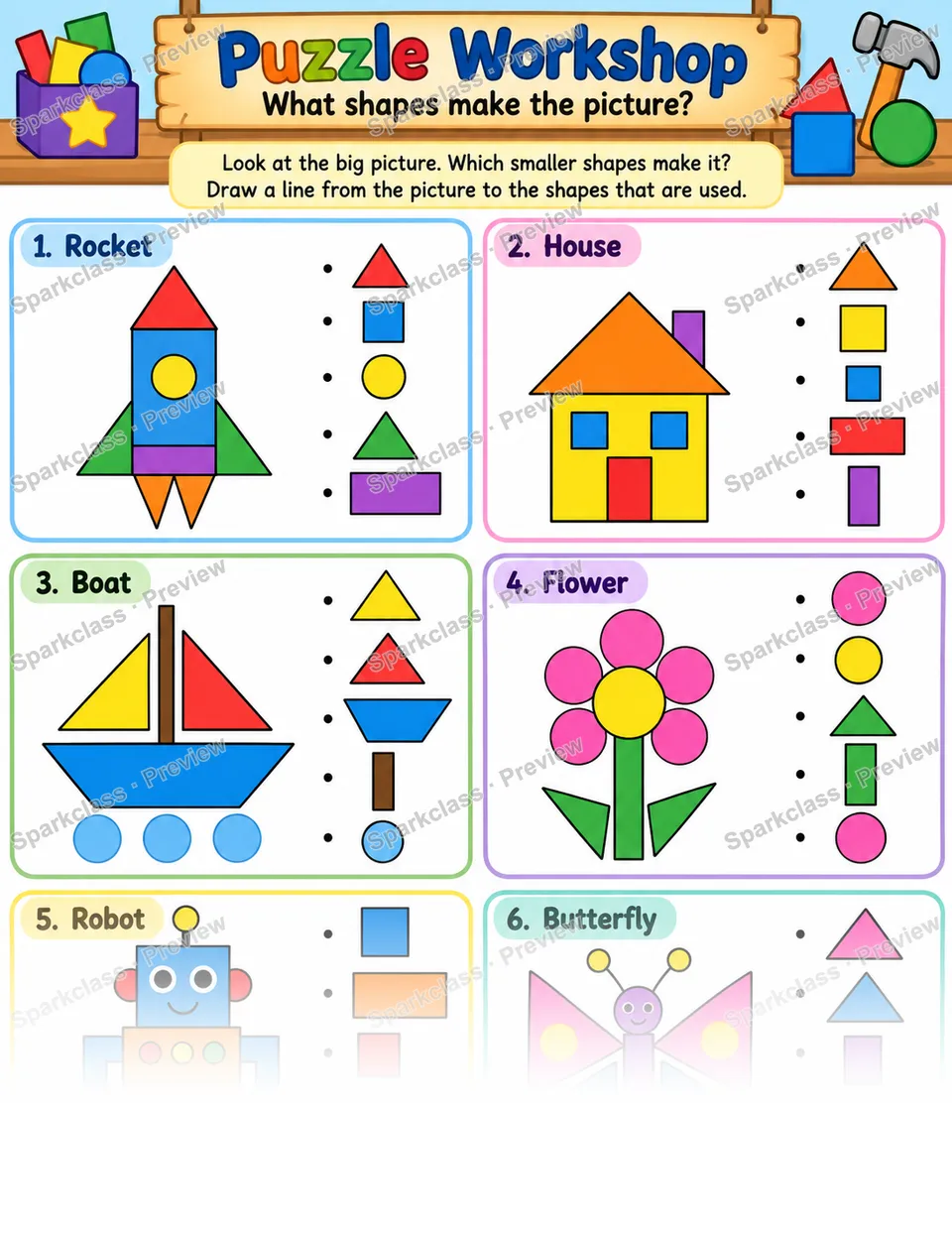 Puzzle Workshop · Compose and Decompose Shapes — Kindergarten worksheet preview