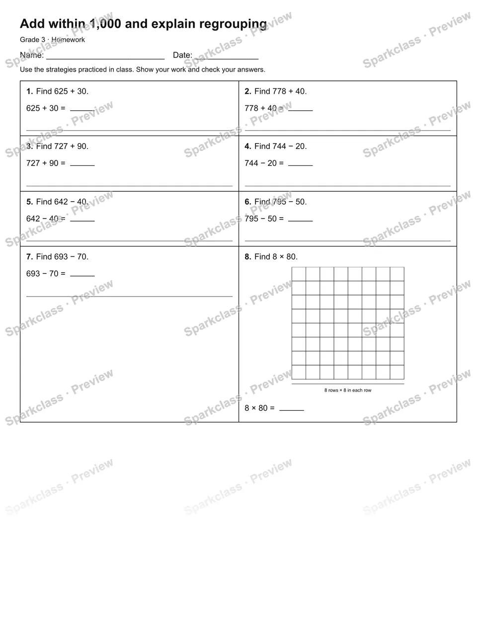 Add within 1,000 and explain regrouping — Homework — Grade 3 worksheet preview
