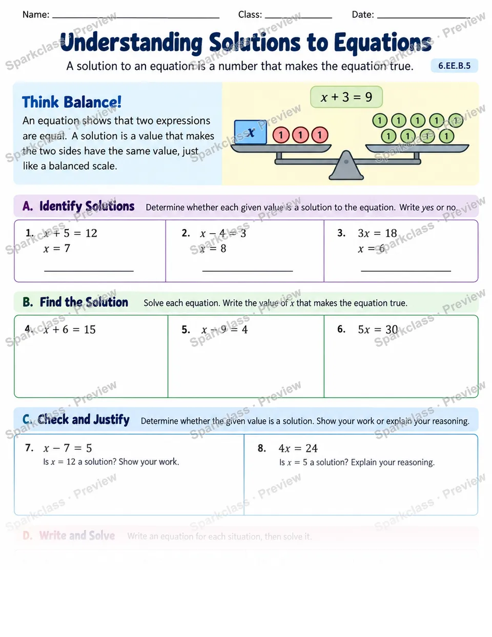 Understand Solutions — Grade 6 worksheet preview