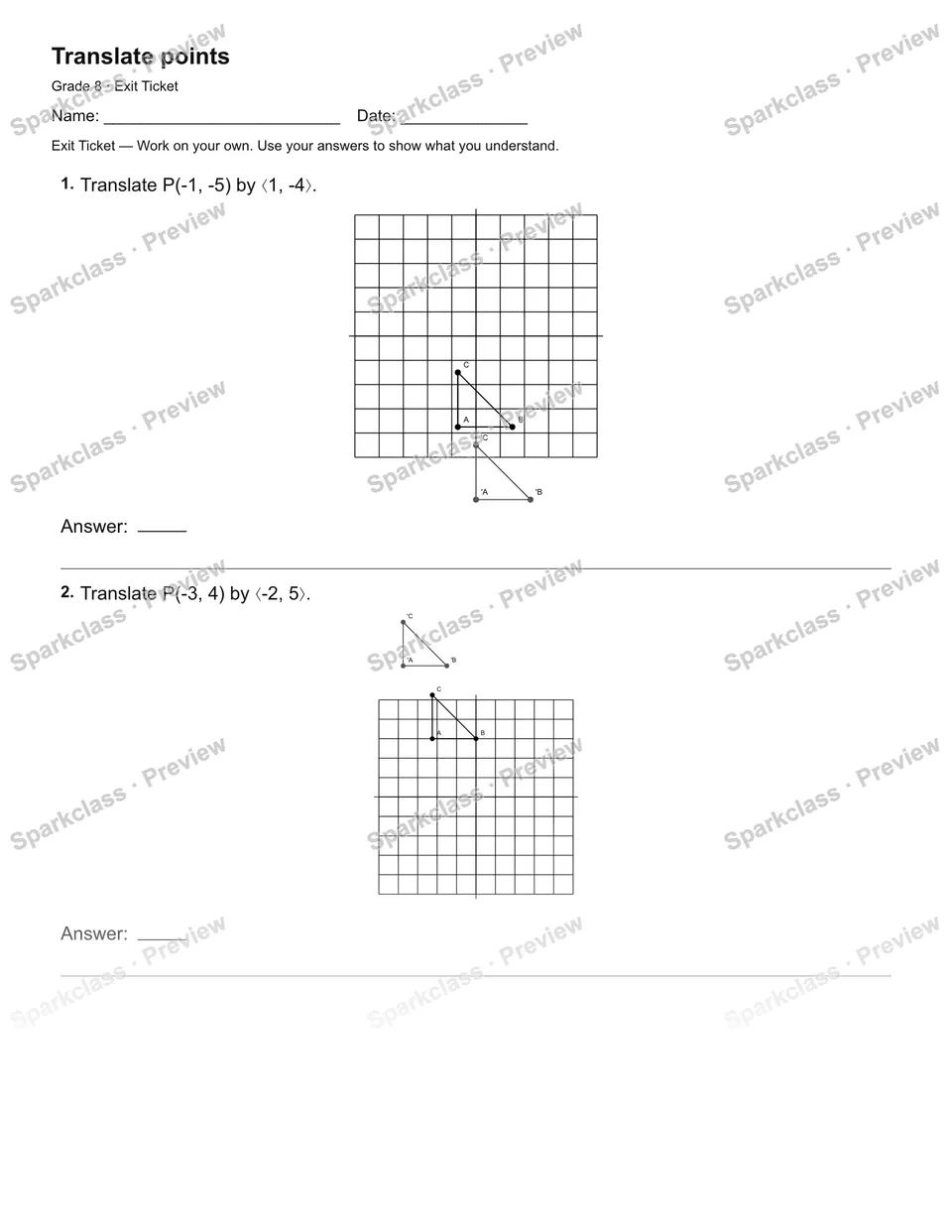 Translate points — Exit Ticket — Grade 8 worksheet preview